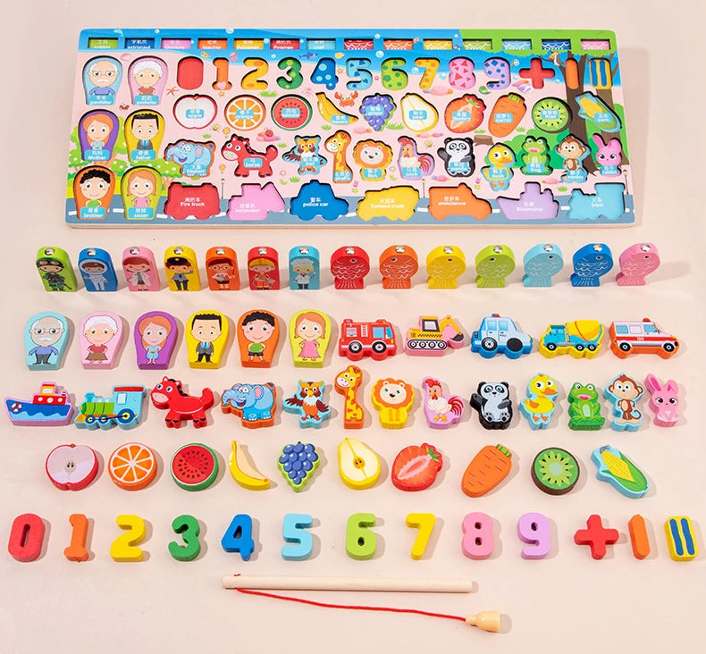 QWZ Montessori Educational Wooden Math Toys - Busy Board Count Shape Colors Fishing Puzzle