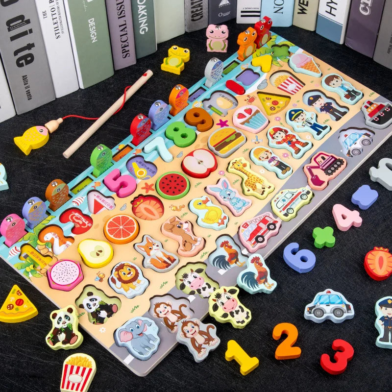 QWZ Montessori Educational Wooden Math Toys - Busy Board Count Shape Colors Fishing Puzzle