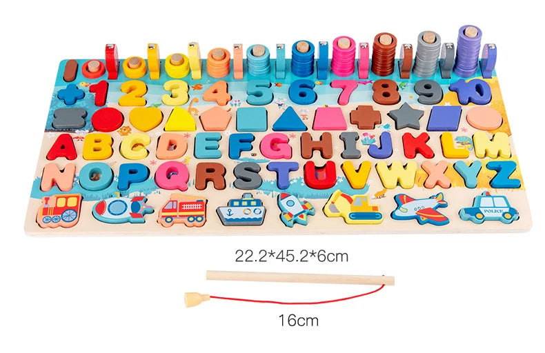 QWZ Montessori Educational Wooden Math Toys - Busy Board Count Shape Colors Fishing Puzzle