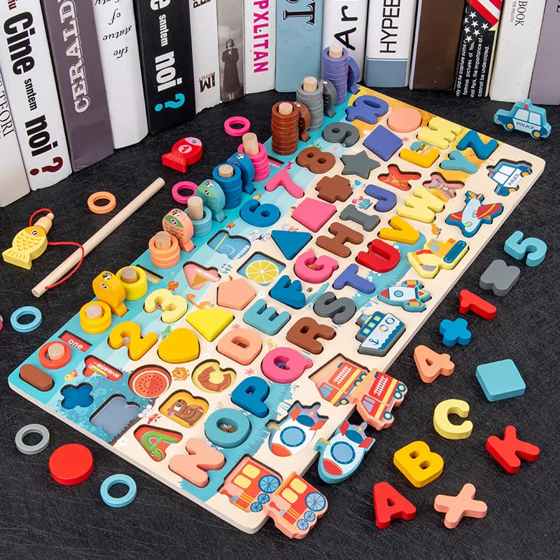 QWZ Montessori Educational Wooden Math Toys - Busy Board Count Shape Colors Fishing Puzzle