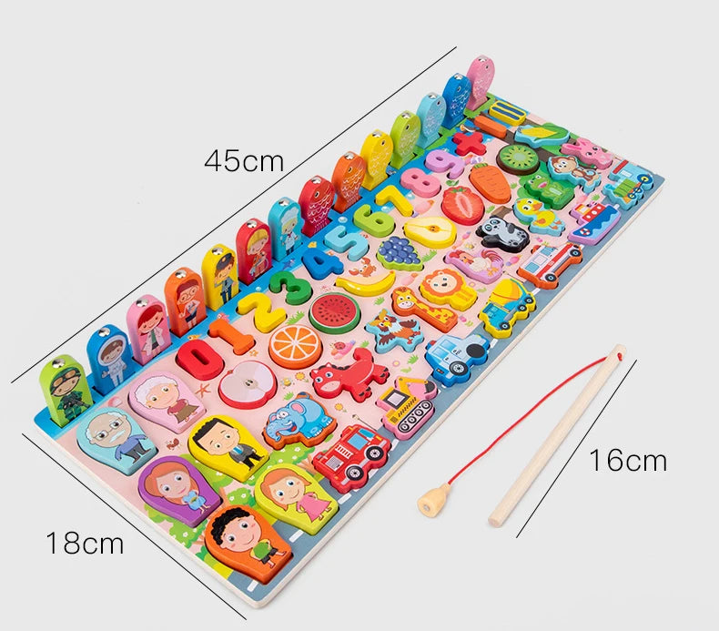 QWZ Montessori Educational Wooden Math Toys - Busy Board Count Shape Colors Fishing Puzzle