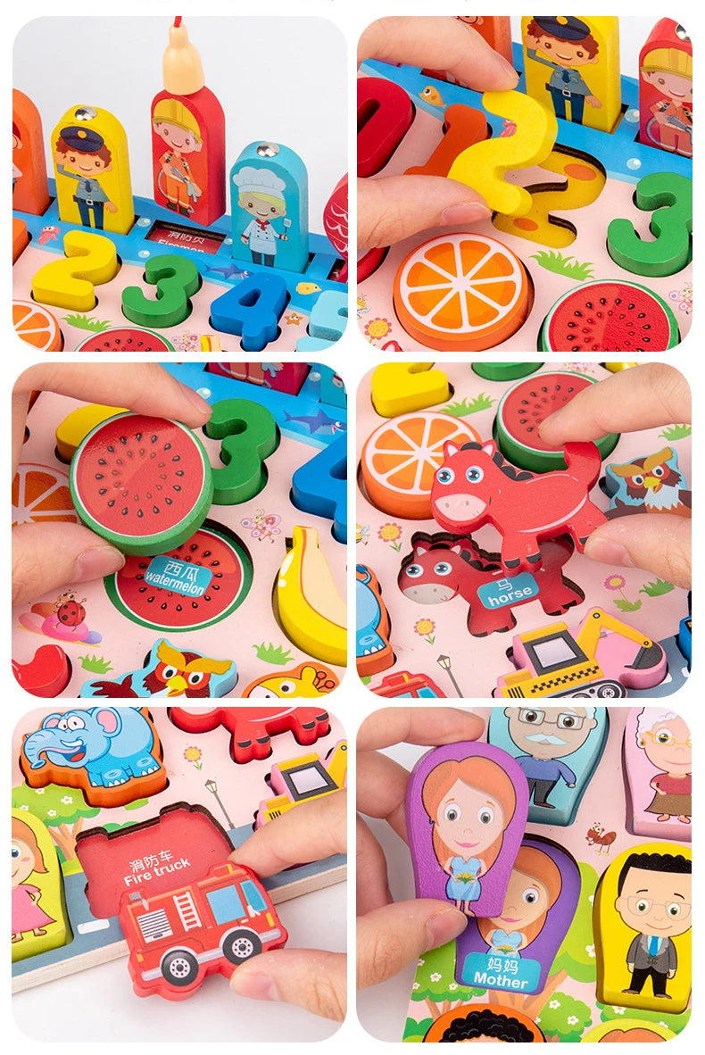 QWZ Montessori Educational Wooden Math Toys - Busy Board Count Shape Colors Fishing Puzzle