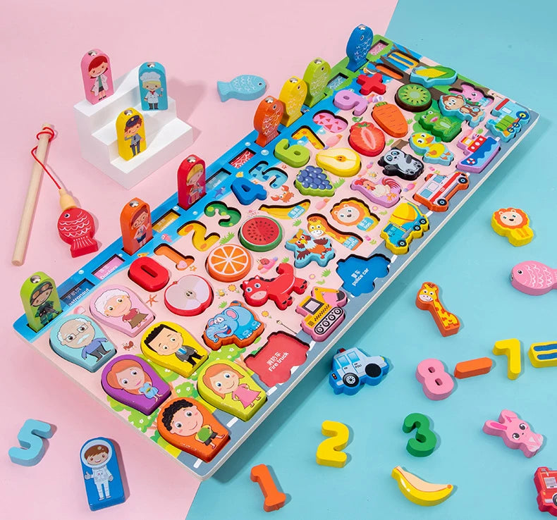 QWZ Montessori Educational Wooden Math Toys - Busy Board Count Shape Colors Fishing Puzzle