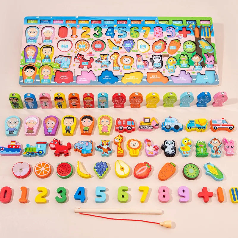 QWZ Montessori Educational Wooden Math Toys - Busy Board Count Shape Colors Fishing Puzzle