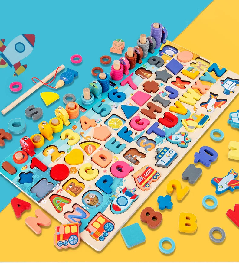 QWZ Montessori Educational Wooden Math Toys - Busy Board Count Shape Colors Fishing Puzzle
