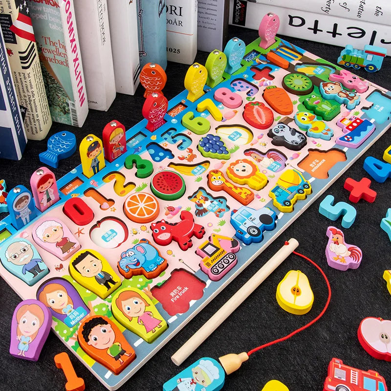 QWZ Montessori Educational Wooden Math Toys - Busy Board Count Shape Colors Fishing Puzzle