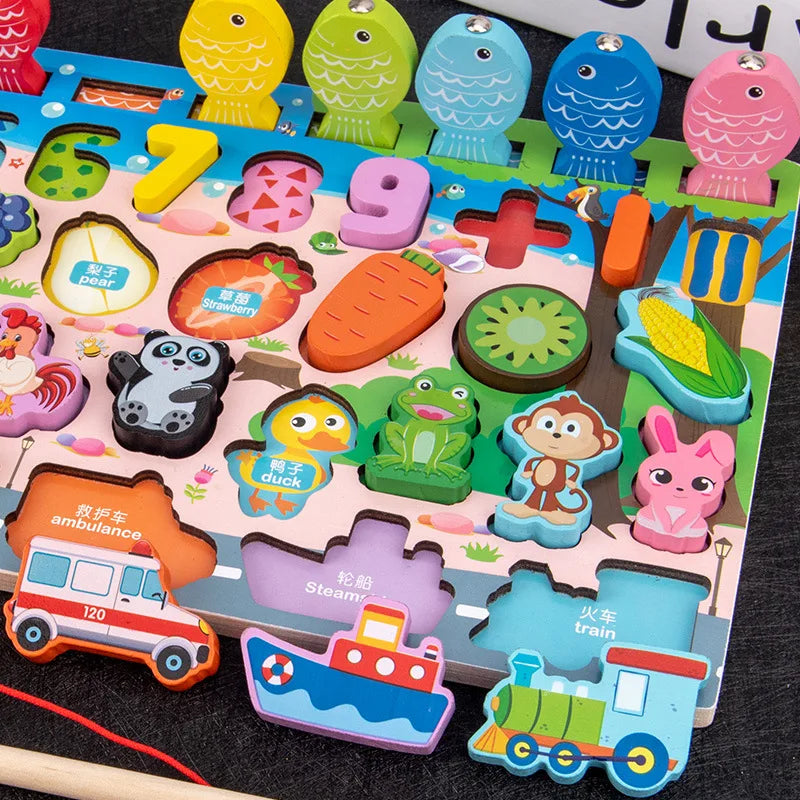 QWZ Montessori Educational Wooden Math Toys - Busy Board Count Shape Colors Fishing Puzzle