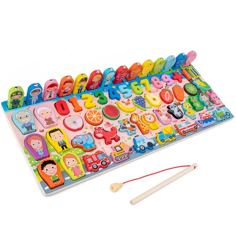 QWZ Montessori Educational Wooden Math Toys - Busy Board Count Shape Colors Fishing Puzzle