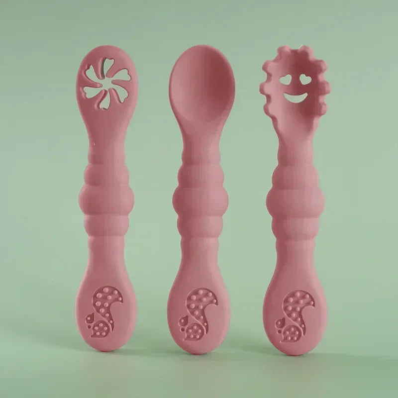 3PCS Silicone Baby Utensils Set โ Soft Spoon & Fork for Toddlers โ Self-Feeding Training Cutlery