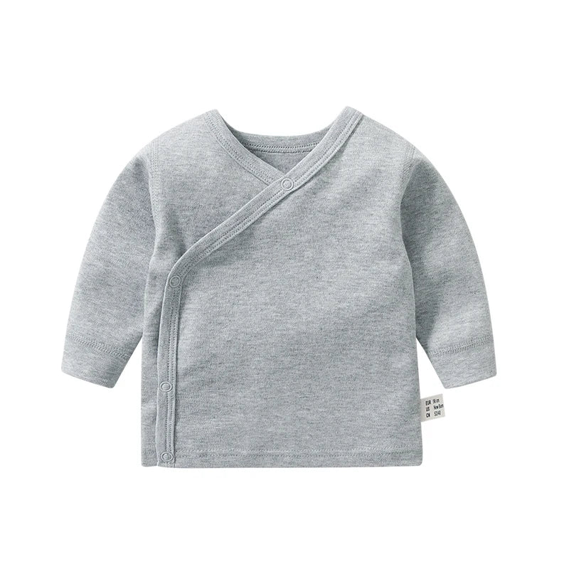 Newborn Baby Clothing Slanting Open Buckle T Shirt Tops Cotton Long Sleeves Solid Color Tees Baby Boys Girls Outfit 0-12 Months