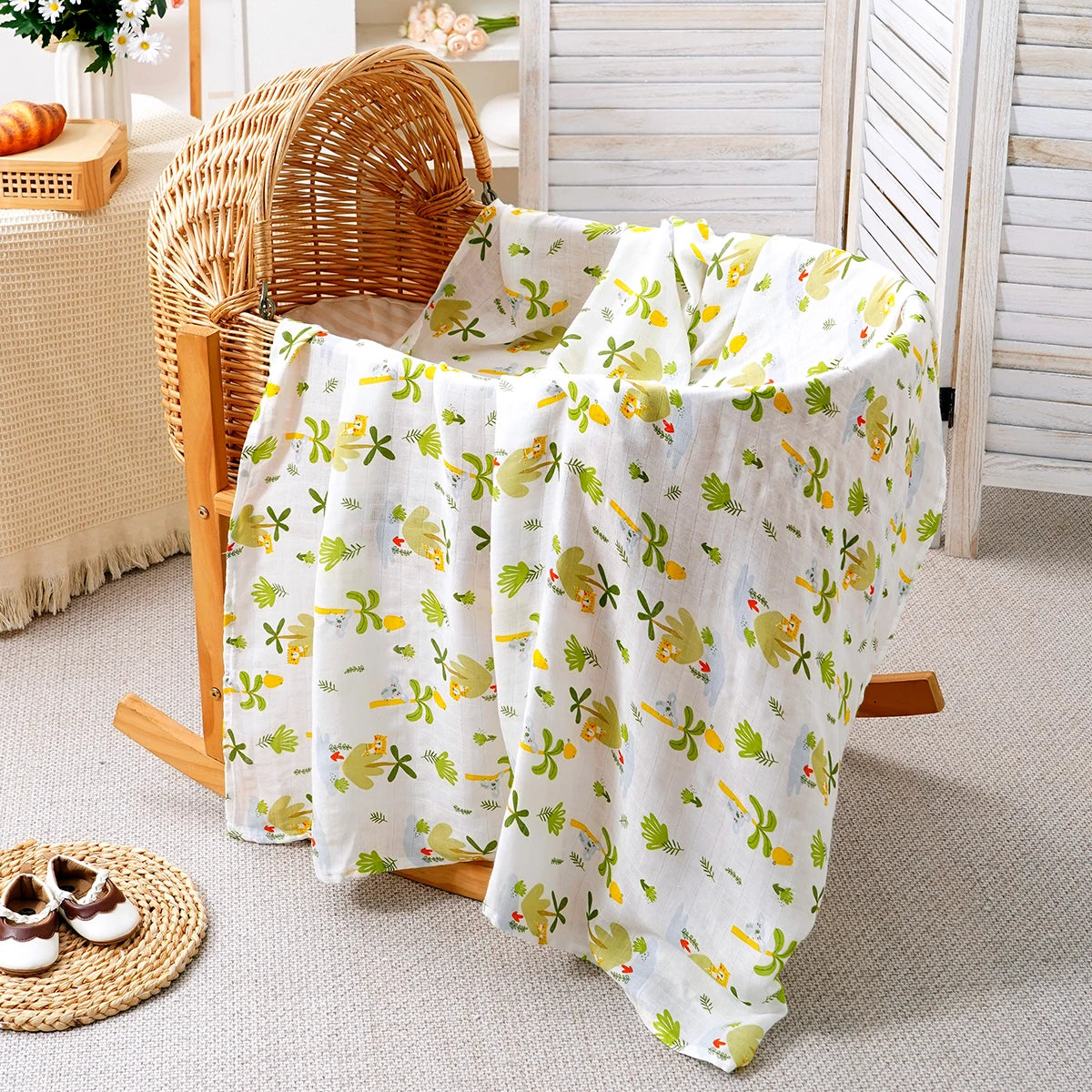Bamboo Cotton Baby Muslin Swaddle Blanket - 120x110cm Soft Print Newborn Wrap