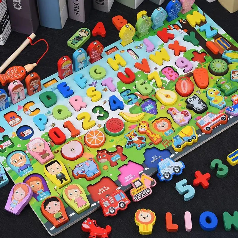 QWZ Montessori Educational Wooden Math Toys - Busy Board Count Shape Colors Fishing Puzzle