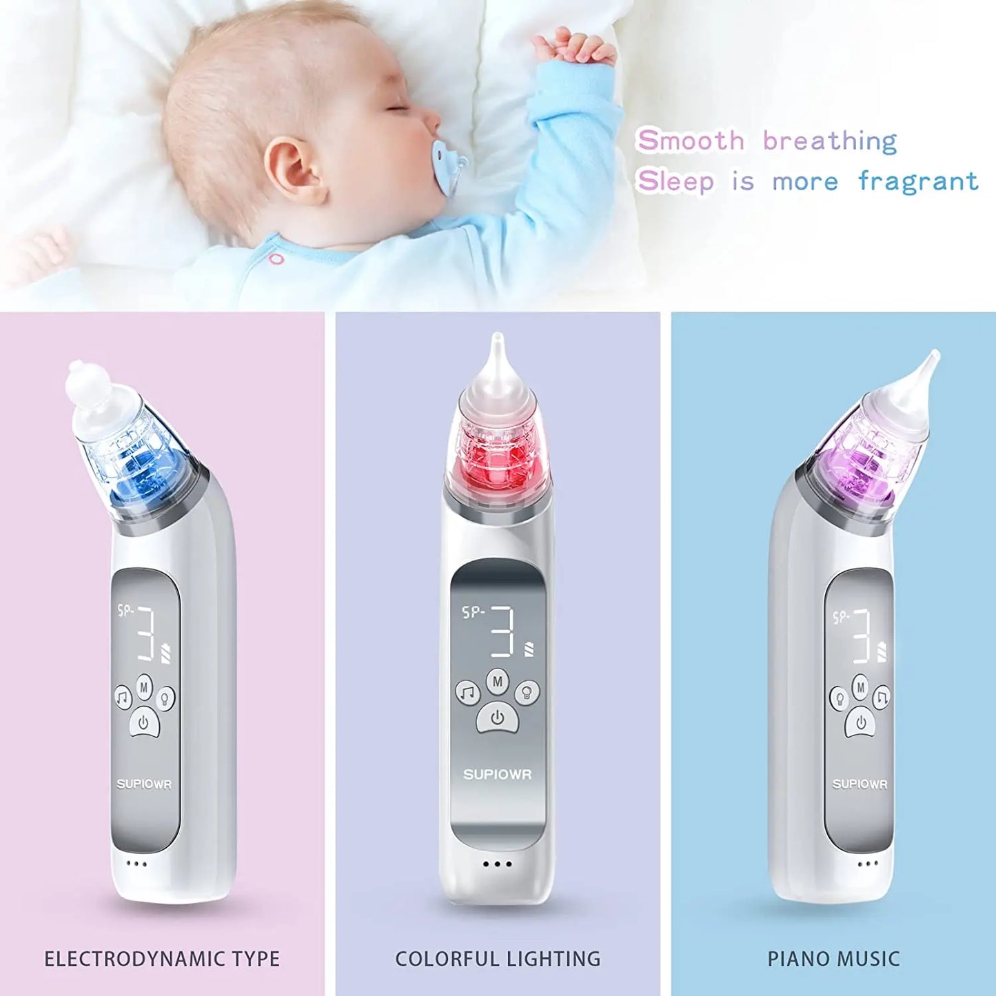 Electric Baby Nasal Aspirator β USB Rechargeable Nose Cleaner with Music, Lights & 3 Silicone Tips (Anti-Backflow Design)