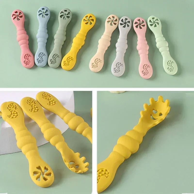 3PCS Silicone Baby Utensils Set โ Soft Spoon & Fork for Toddlers โ Self-Feeding Training Cutlery