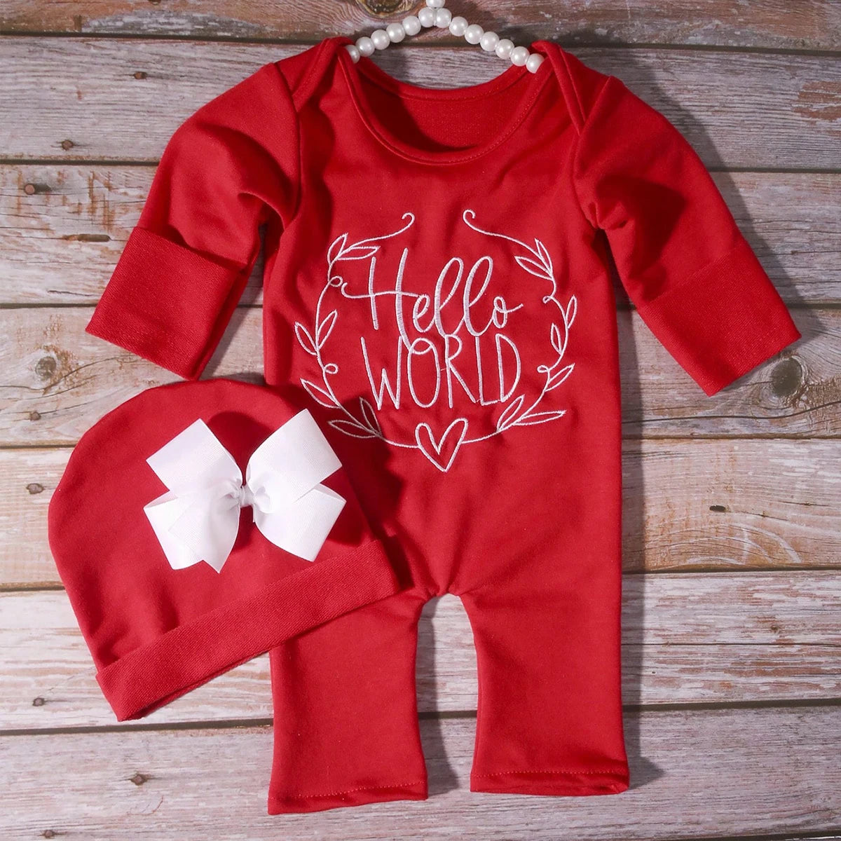 Ylsteed "Hello World" Embroidery Newborn Photography Props Infant Romper Jumpsuit with Bow Hat Baby Coming Home Outfit Baby Gift