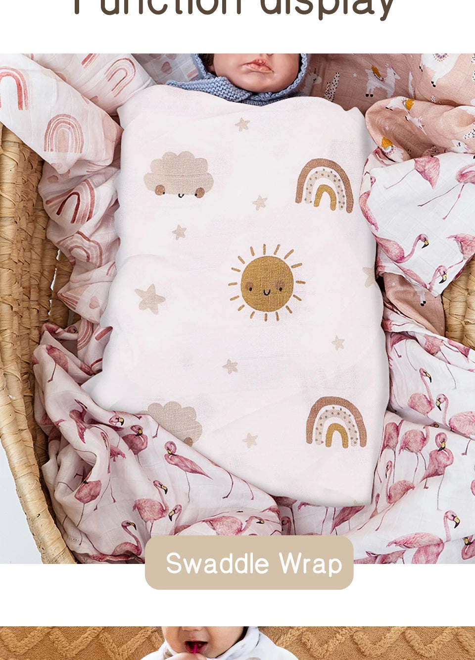 Bamboo Cotton Baby Muslin Swaddle Blanket - 120x110cm Soft Print Wrap by Elinfant