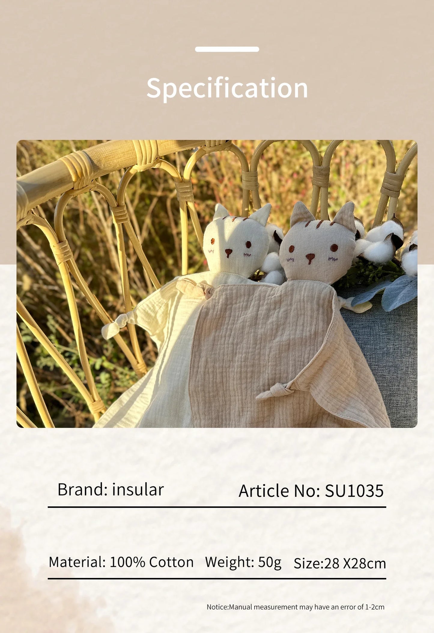 Soft Cotton Muslin Baby Bib with Stuffed Cat - Security Blanket & Comfort Towel
