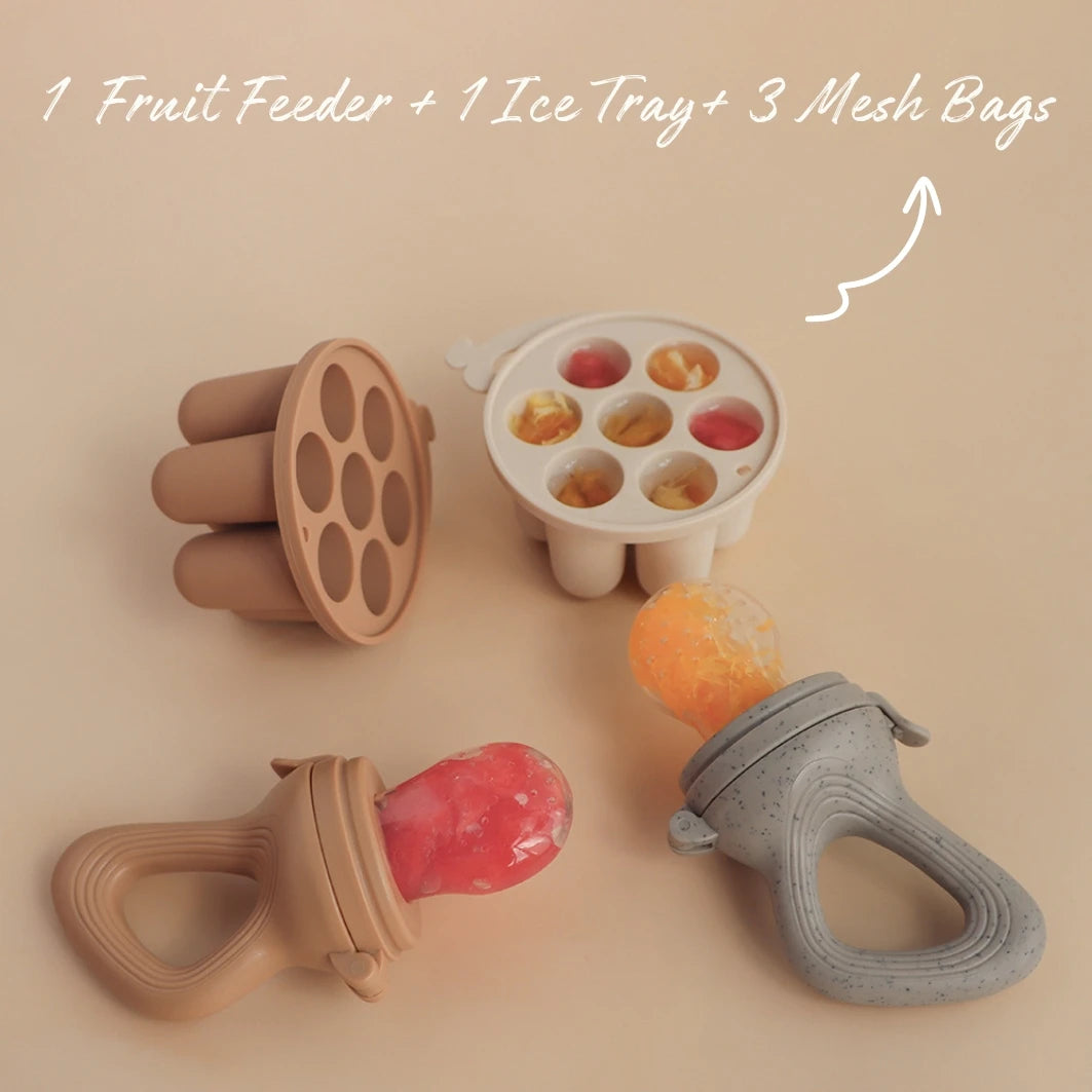 Silicone Baby Fruit Feeder & Teether with Freezer Tray โ Self-Feeding Pacifier for Fresh Fruit & Purees (BPA-Free)