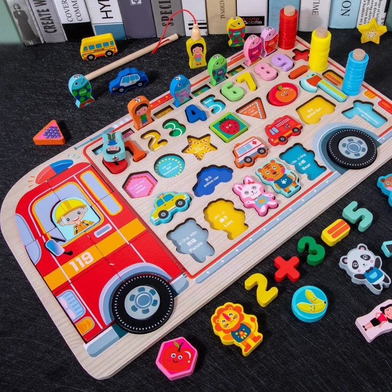 QWZ Montessori Educational Wooden Math Toys - Busy Board Count Shape Colors Fishing Puzzle