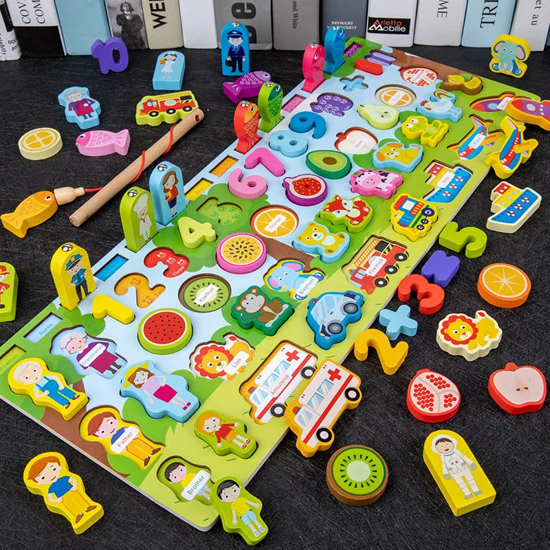 QWZ Montessori Educational Wooden Math Toys - Busy Board Count Shape Colors Fishing Puzzle