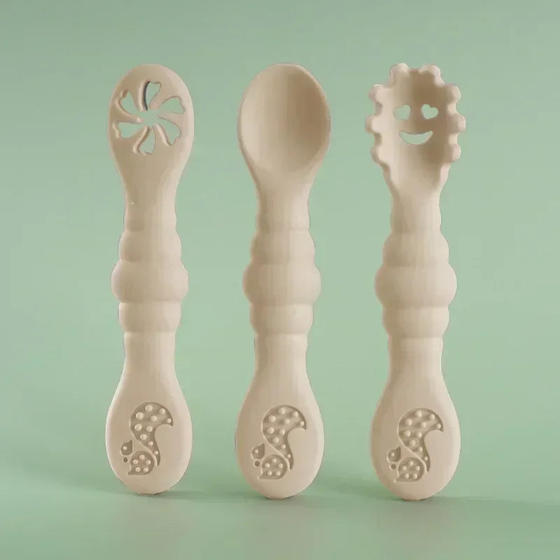 3PCS Silicone Baby Utensils Set โ Soft Spoon & Fork for Toddlers โ Self-Feeding Training Cutlery