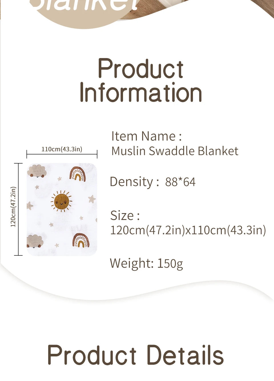 Bamboo Cotton Baby Muslin Swaddle Blanket - 120x110cm Soft Print Wrap by Elinfant