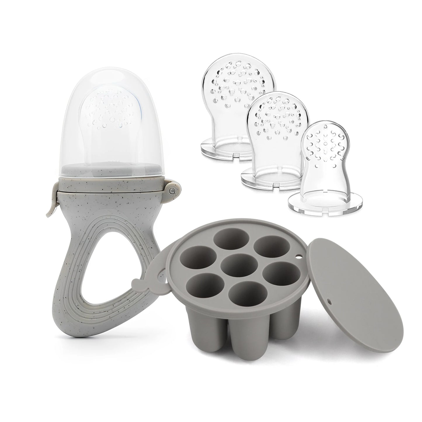 Silicone Baby Fruit Feeder & Teether with Freezer Tray โ Self-Feeding Pacifier for Fresh Fruit & Purees (BPA-Free)