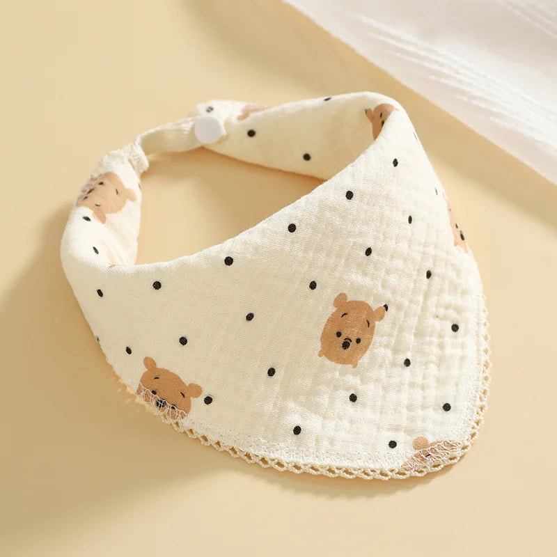 Newborn Drooling Bib Gauze Handkerchief Bib Organic Cotton Soft and Absorbent Baby Scarf Cute Cartoon Bear Print Towels