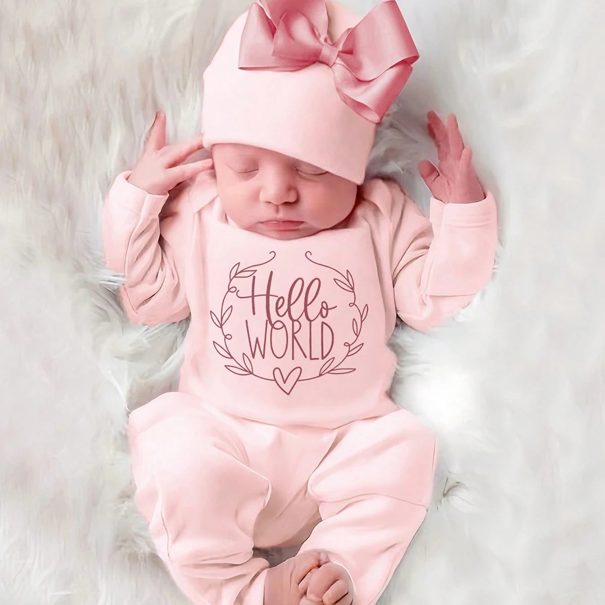 Ylsteed "Hello World" Embroidery Newborn Photography Props Infant Romper Jumpsuit with Bow Hat Baby Coming Home Outfit Baby Gift