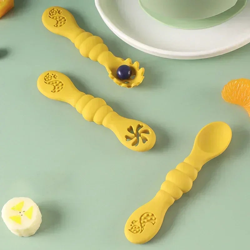 3PCS Silicone Baby Utensils Set โ Soft Spoon & Fork for Toddlers โ Self-Feeding Training Cutlery
