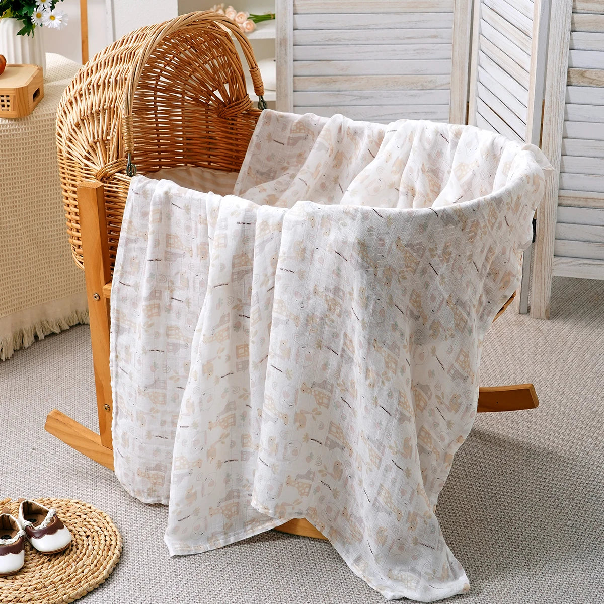 Bamboo Cotton Baby Muslin Swaddle Blanket - 120x110cm Soft Print Newborn Wrap