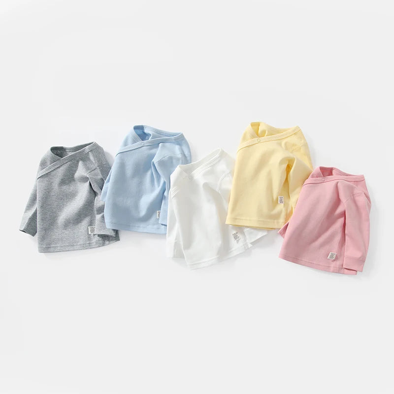 Newborn Baby Clothing Slanting Open Buckle T Shirt Tops Cotton Long Sleeves Solid Color Tees Baby Boys Girls Outfit 0-12 Months