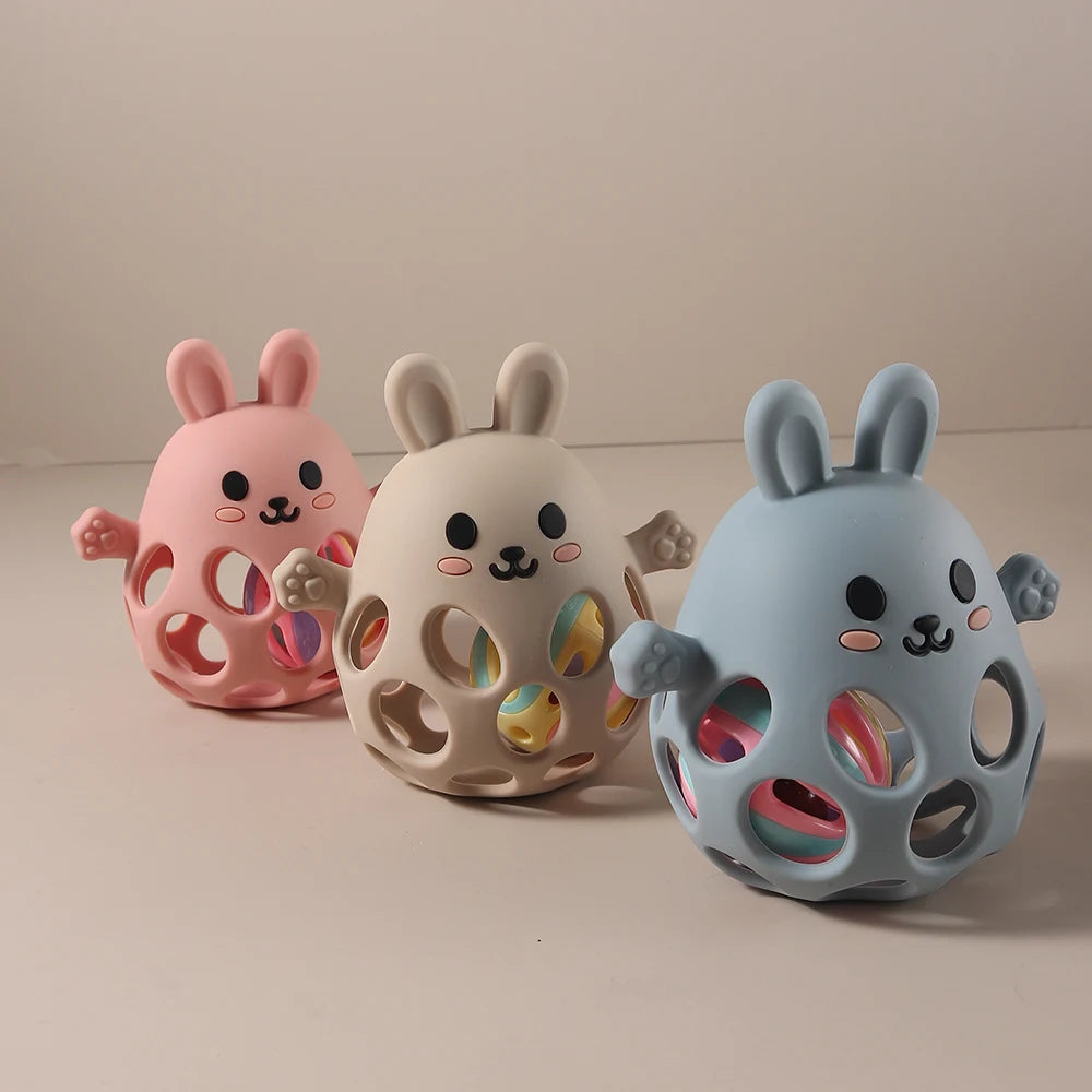 Silicone Baby Teether Gift Set - Rabbit & Owl Shaped Cartoon Teething Toy with Bell