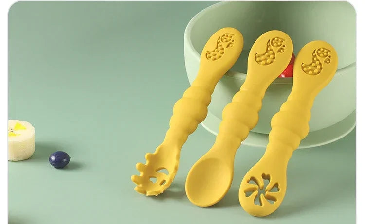 3PCS Silicone Baby Utensils Set โ Soft Spoon & Fork for Toddlers โ Self-Feeding Training Cutlery