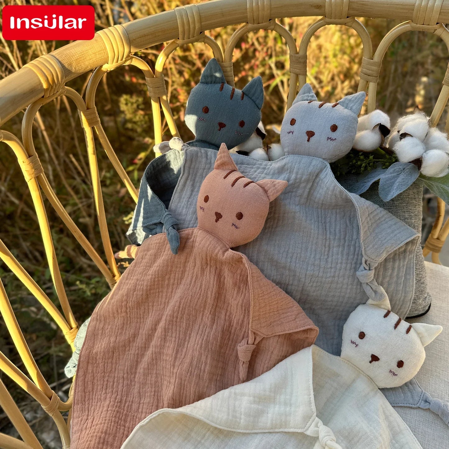Soft Cotton Muslin Baby Bib with Stuffed Cat - Security Blanket & Comfort Towel
