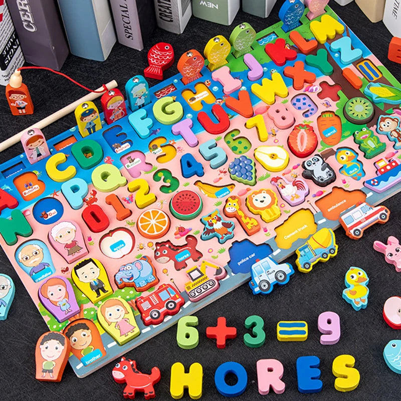 QWZ Montessori Educational Wooden Math Toys - Busy Board Count Shape Colors Fishing Puzzle
