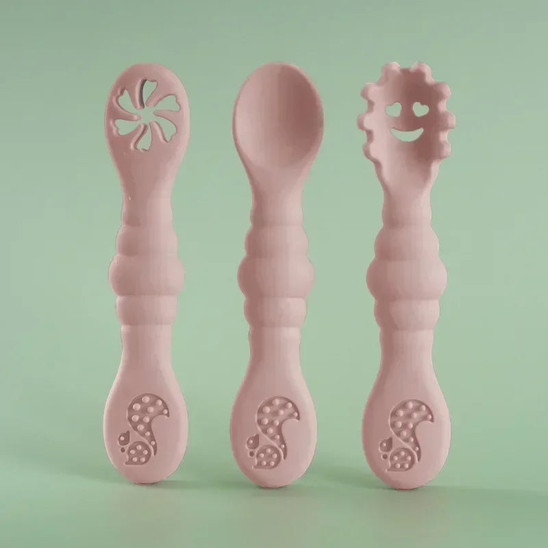 3PCS Silicone Baby Utensils Set โ Soft Spoon & Fork for Toddlers โ Self-Feeding Training Cutlery