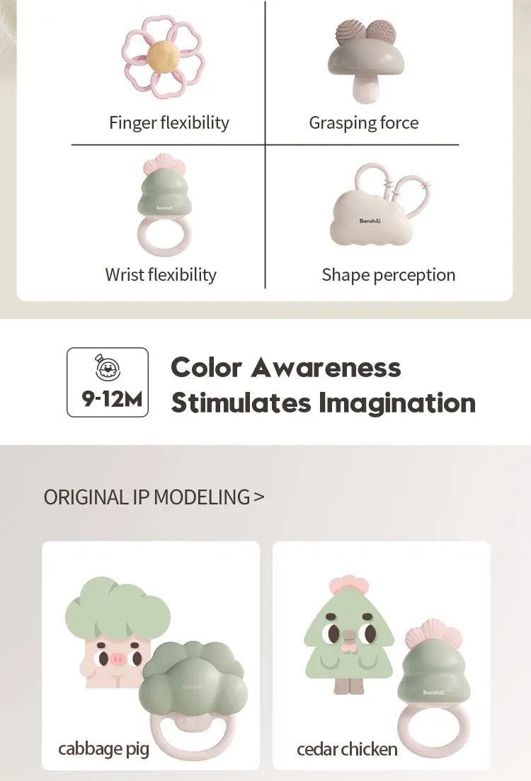Silicone Baby Rattle Teether - Soft Chewable Sensory Toy for Infants 0-3 Years