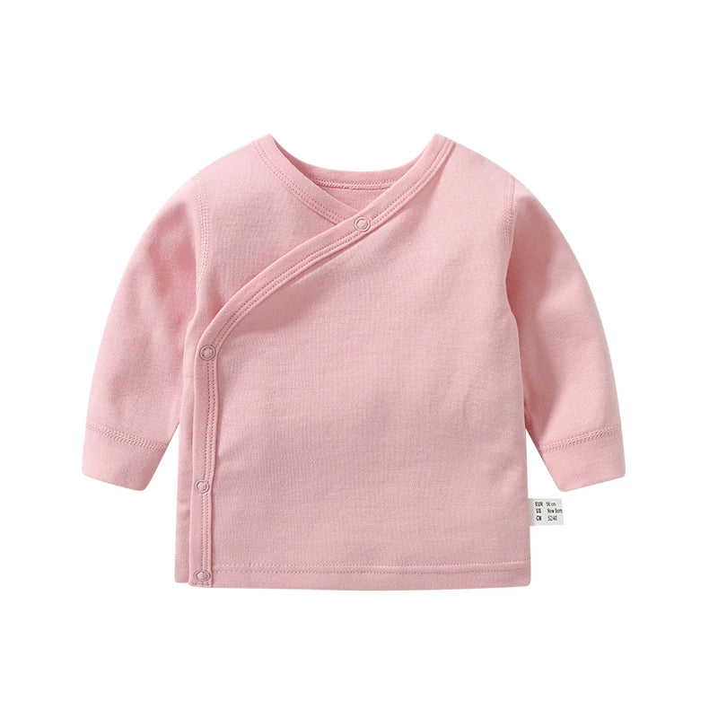 Newborn Baby Clothing Slanting Open Buckle T Shirt Tops Cotton Long Sleeves Solid Color Tees Baby Boys Girls Outfit 0-12 Months