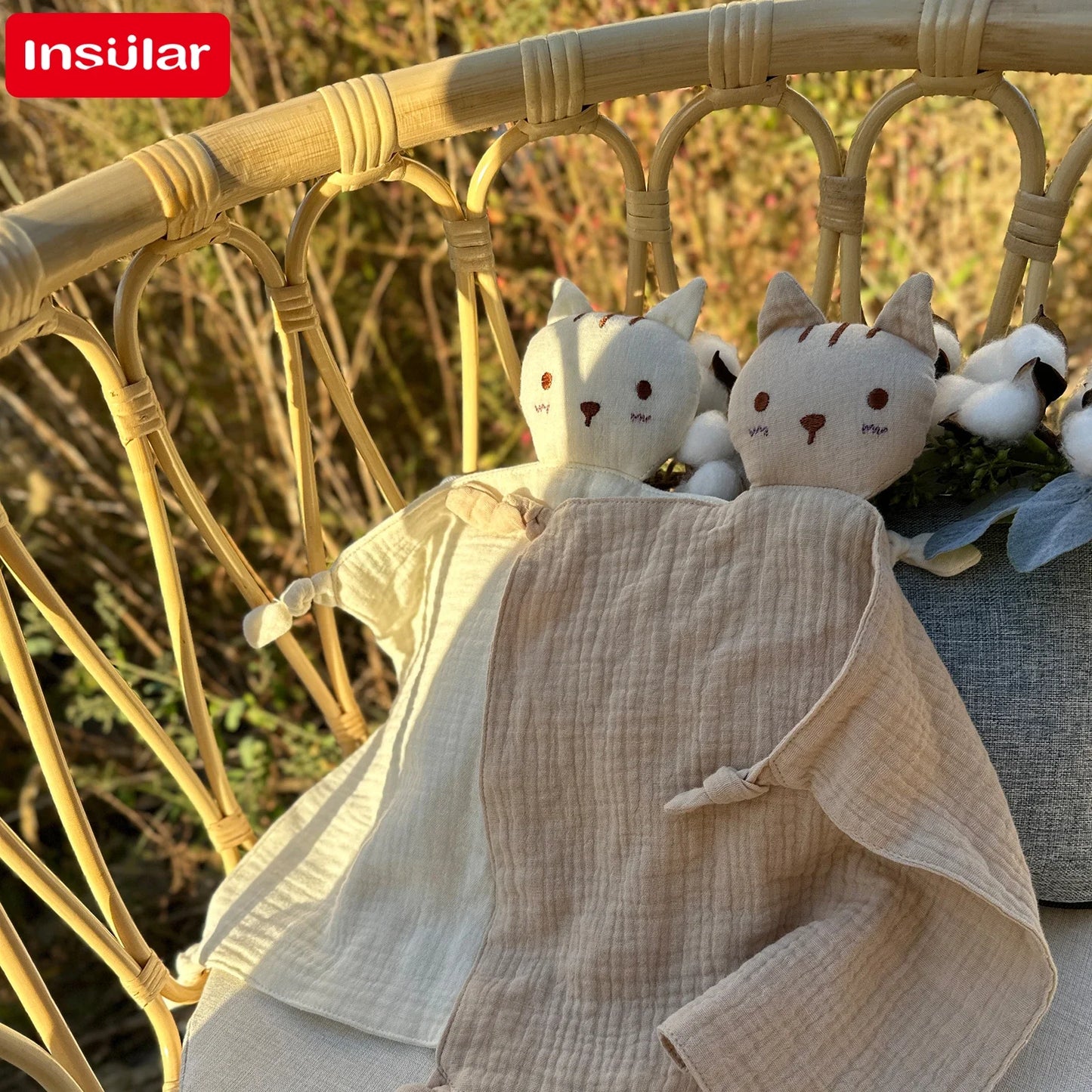 Soft Cotton Muslin Baby Bib with Stuffed Cat - Security Blanket & Comfort Towel