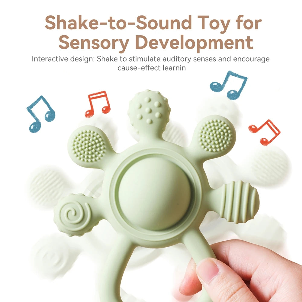 BPA Free Silicone Teether Rattle - Food Grade Baby Sensory Toy for 0-12 Months