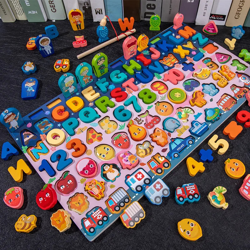 QWZ Montessori Educational Wooden Math Toys - Busy Board Count Shape Colors Fishing Puzzle