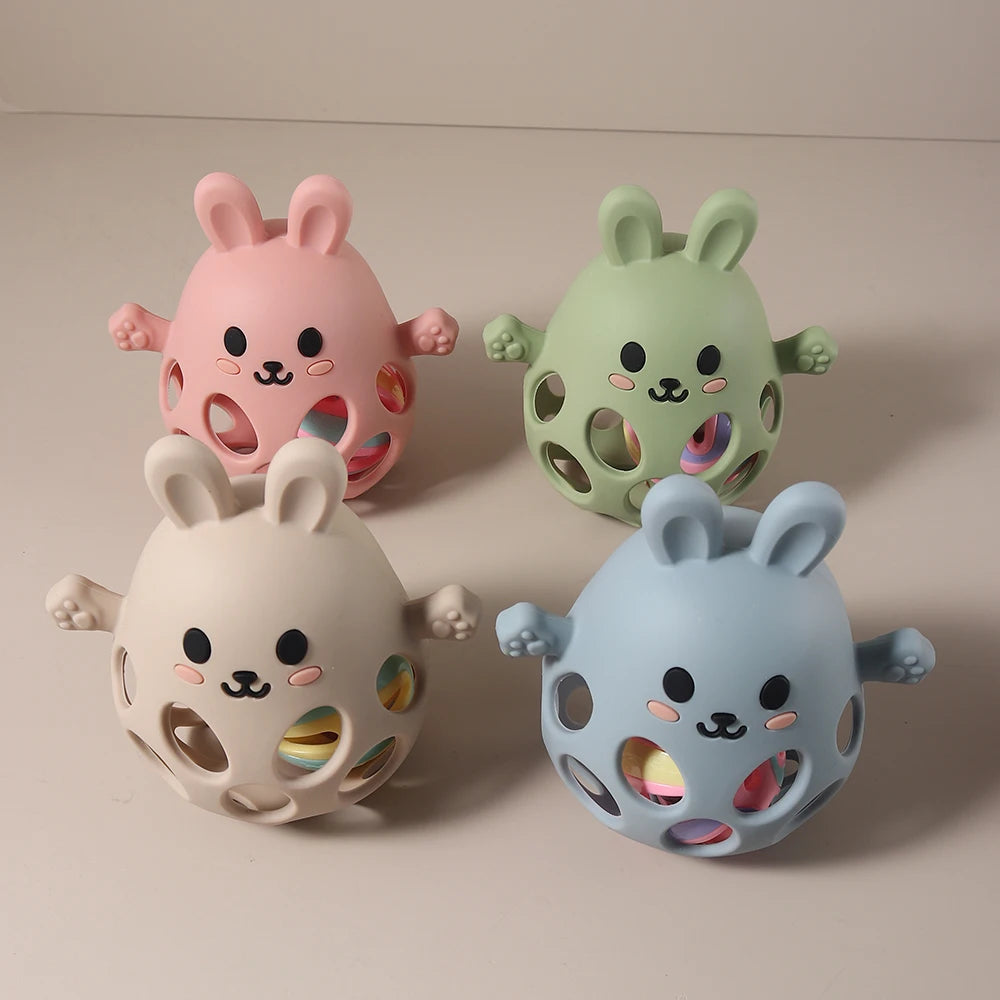 Silicone Baby Teether Gift Set - Rabbit & Owl Shaped Cartoon Teething Toy with Bell