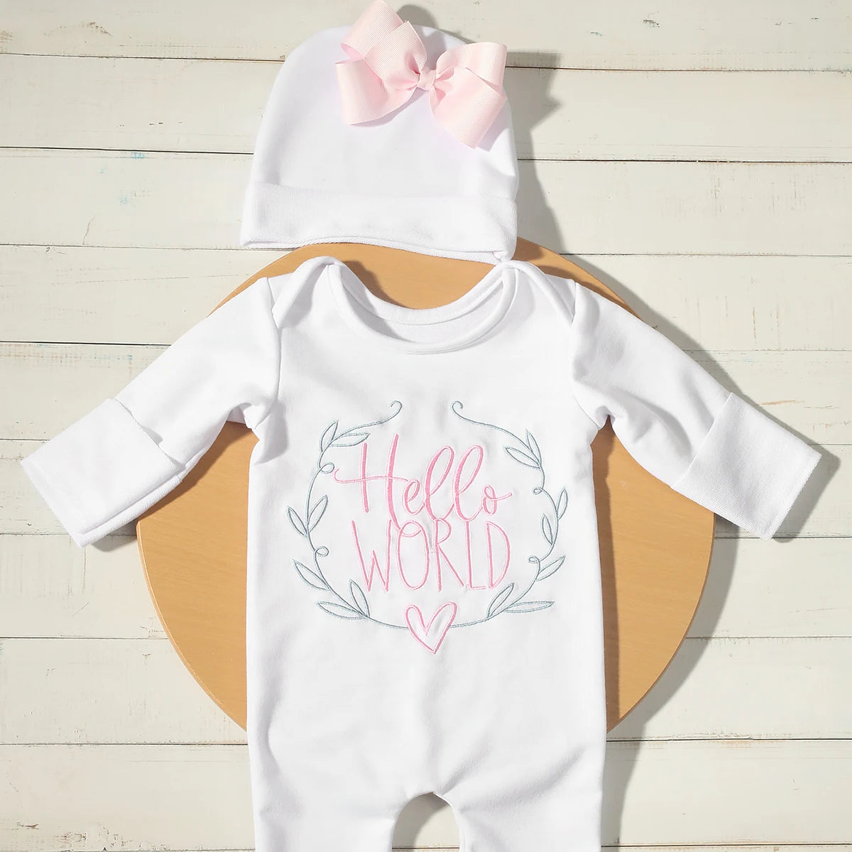 Ylsteed "Hello World" Embroidery Newborn Photography Props Infant Romper Jumpsuit with Bow Hat Baby Coming Home Outfit Baby Gift