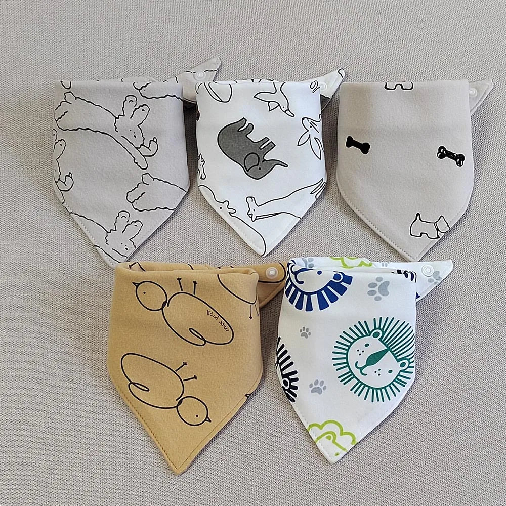 5pcs/lot Baby Bibs Triangle Double Cotton Bibs Cartoon Print Saliva Towel Baby Boys Girls Feeding Apron Cotton Bandana Bibs