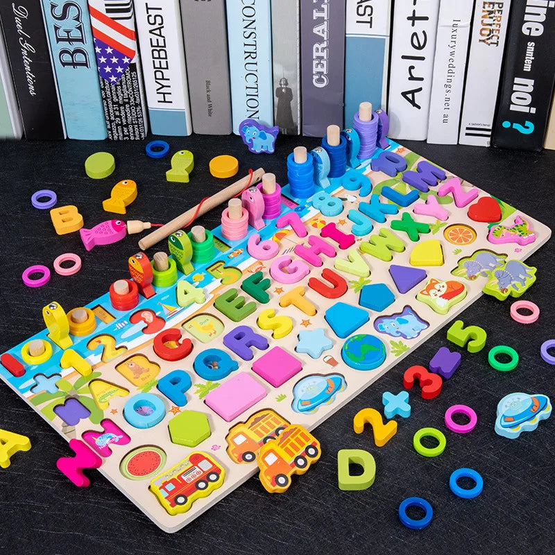 QWZ Montessori Educational Wooden Math Toys - Busy Board Count Shape Colors Fishing Puzzle