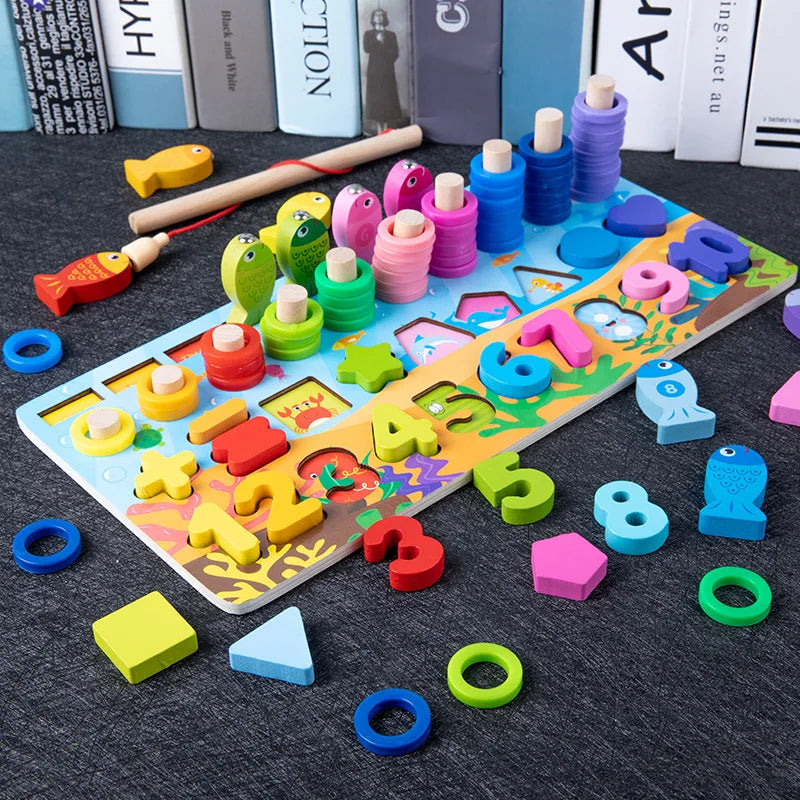QWZ Montessori Educational Wooden Math Toys - Busy Board Count Shape Colors Fishing Puzzle