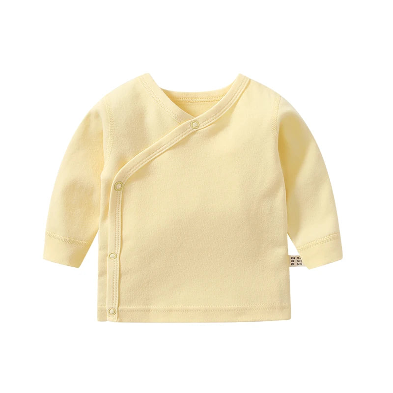 Newborn Baby Clothing Slanting Open Buckle T Shirt Tops Cotton Long Sleeves Solid Color Tees Baby Boys Girls Outfit 0-12 Months