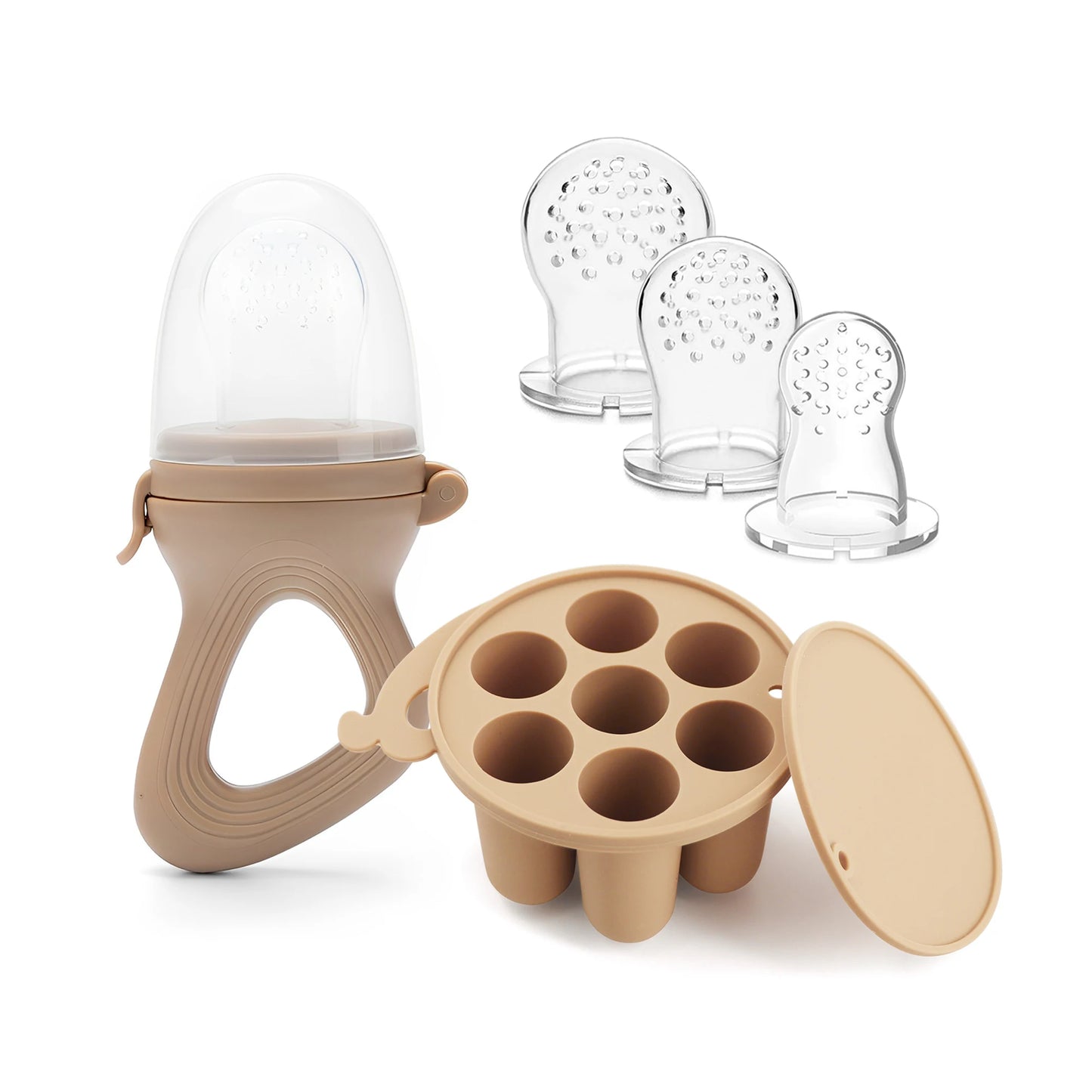 Silicone Baby Fruit Feeder & Teether with Freezer Tray โ Self-Feeding Pacifier for Fresh Fruit & Purees (BPA-Free)