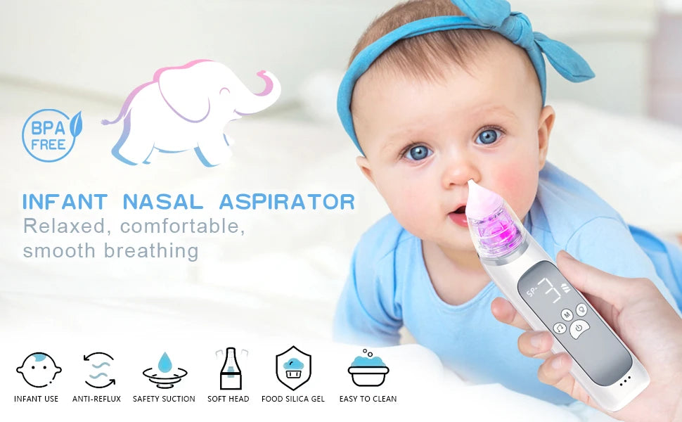 Electric Baby Nasal Aspirator β USB Rechargeable Nose Cleaner with Music, Lights & 3 Silicone Tips (Anti-Backflow Design)